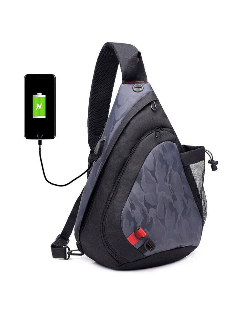 Men's waterproof camouflage crossbody bag SF1266 with USB port and multiple pockets, perfect for outdoor adventures.